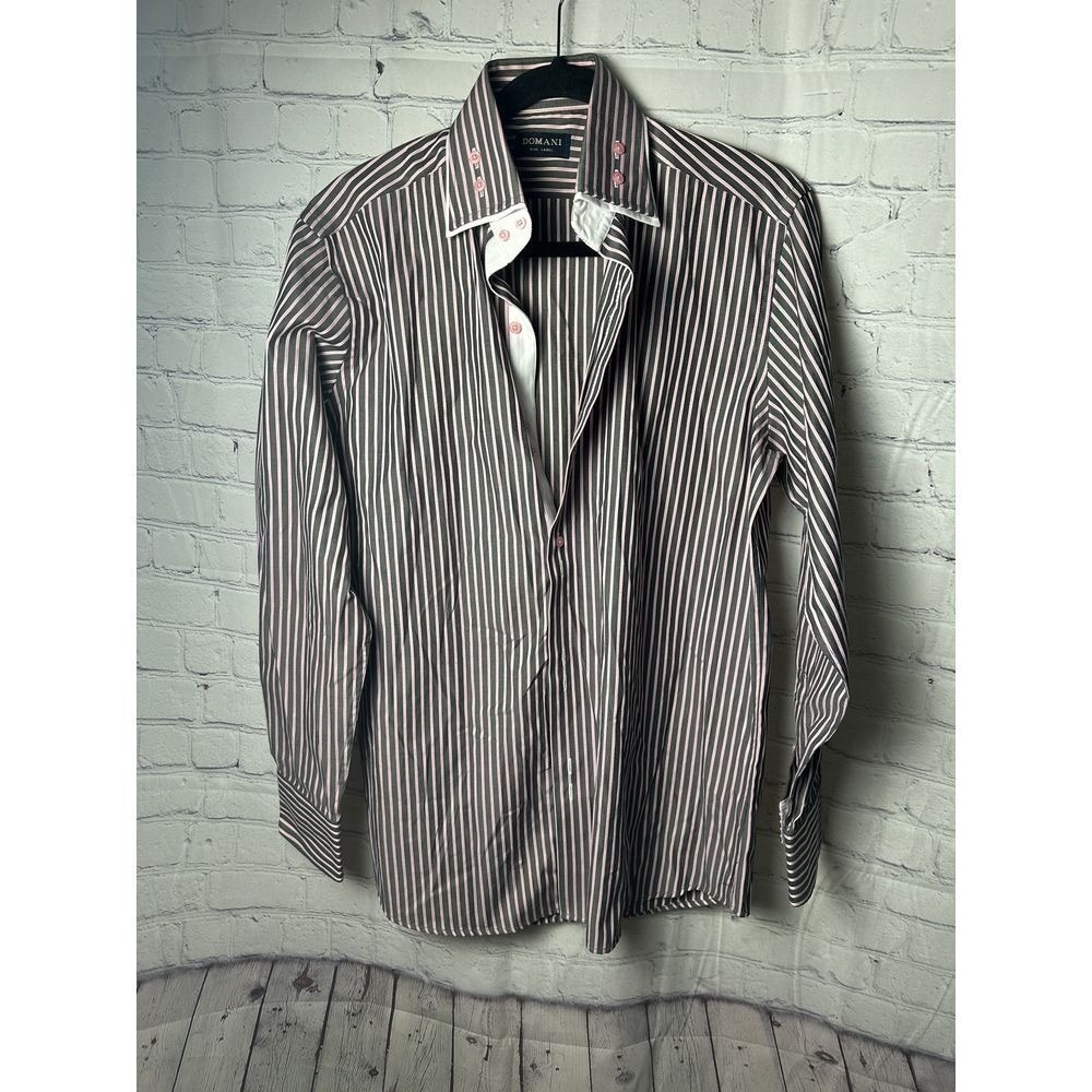 Domani Blue Label Mens Striped Button Down Shirt Grey Pink 15.5 32/33 M